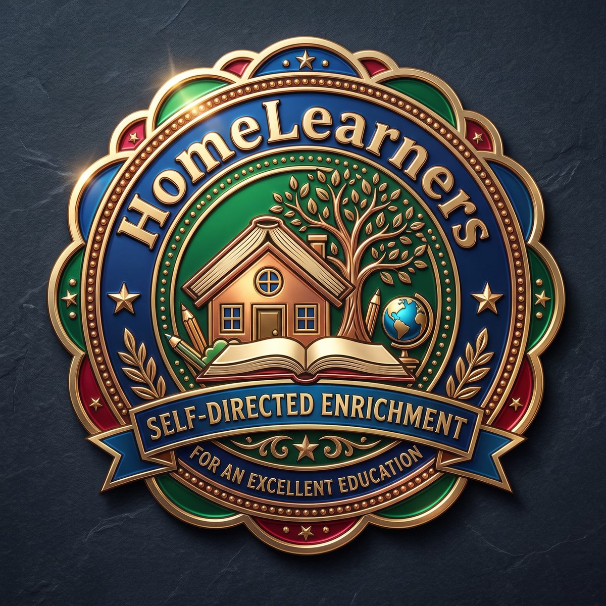 The HomeLearners emblem: a house with an open book for a roof beside a tree, a globe and pencils, ringed in gold with the motto “Self-directed enrichment for an excellent education.”